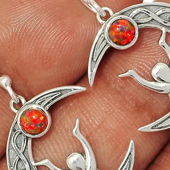 Celtic goddess moon sterling silver earrings with Fire Opal - Picture 3 of 4